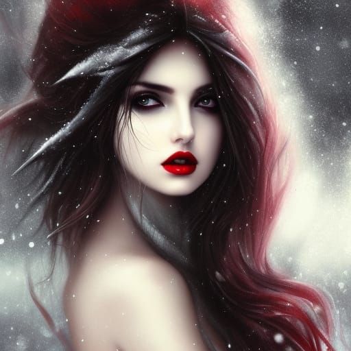 gothic ana de armas, snow beauty, windblowing long black hair, dark ...