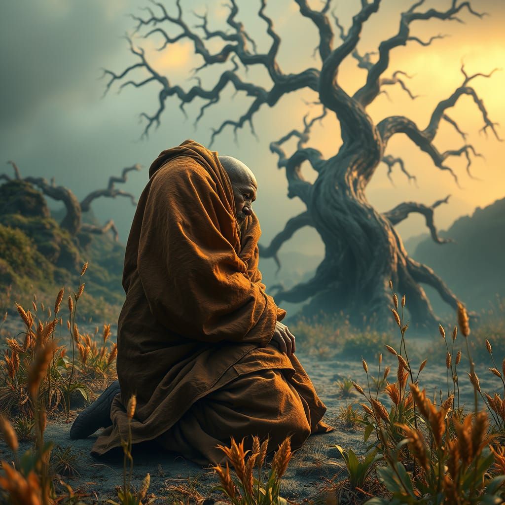 Monk in Lush Landscape with Ethereal Mist