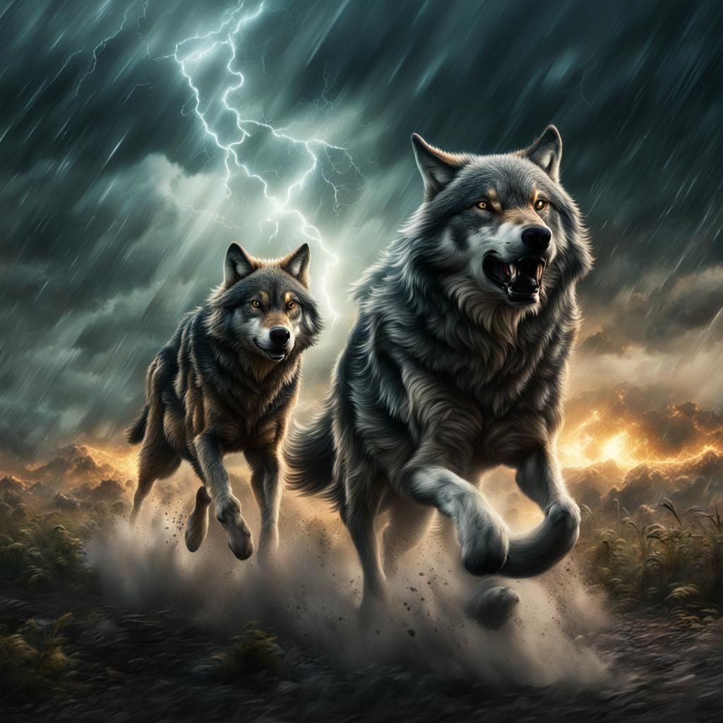 wolves running in a lighting Storm with a tornado