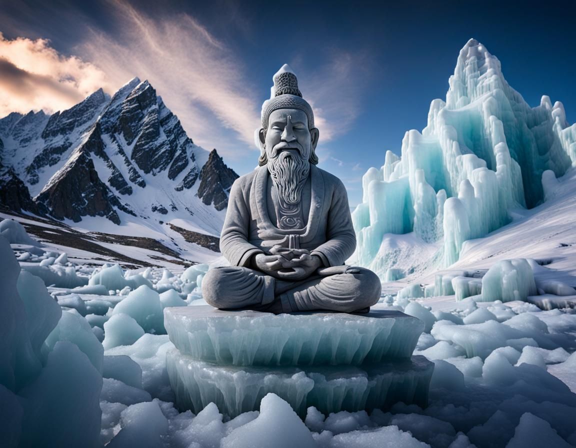 Intricate Ice sculpture of a Himalayan yogi meditating on Kailas ...