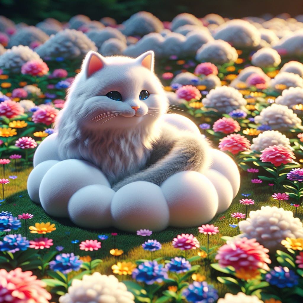 A cute little cat cushion in a flowery meadow 