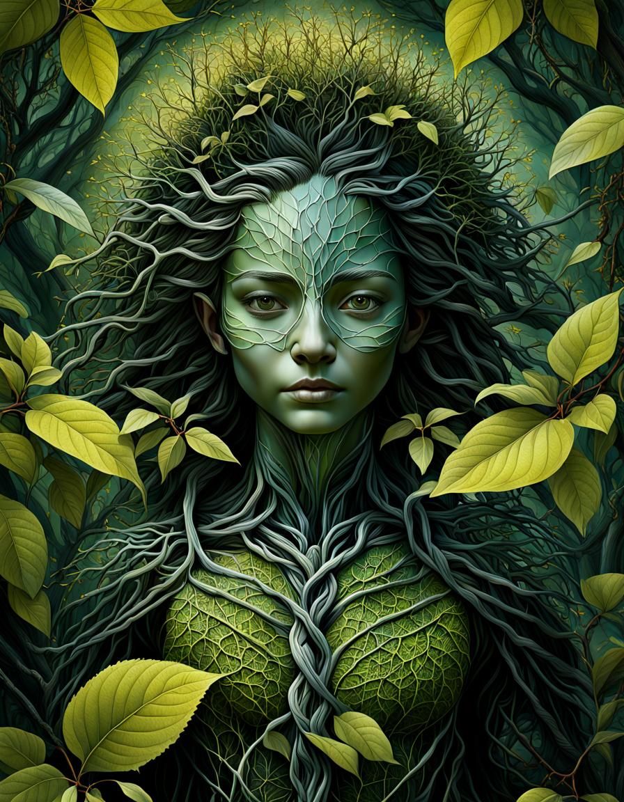 Biomorphically Detailed Portrait Features A Forest Guardian, Limbs And 