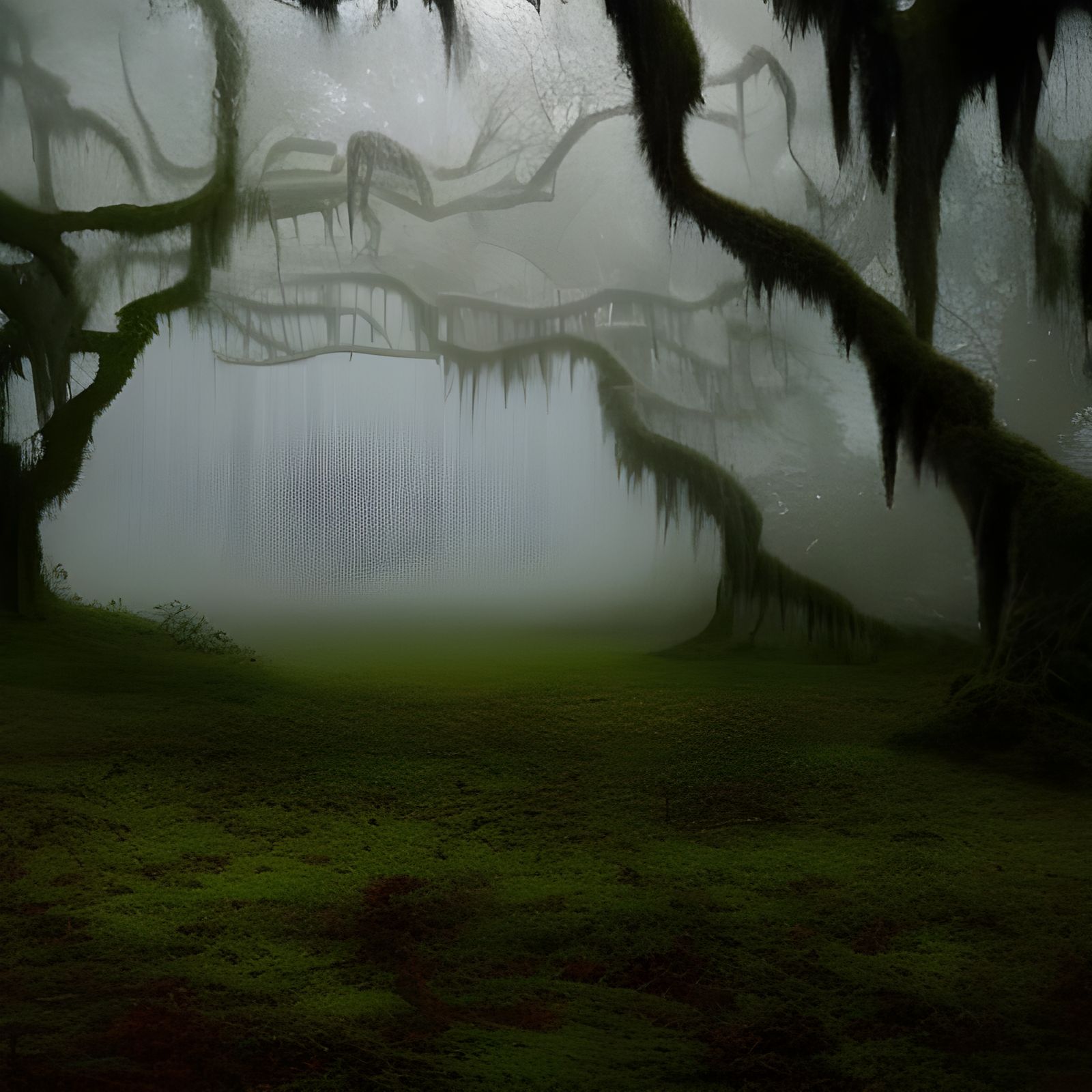 Dark green mossy misty Spanish moss a deer standing grazing