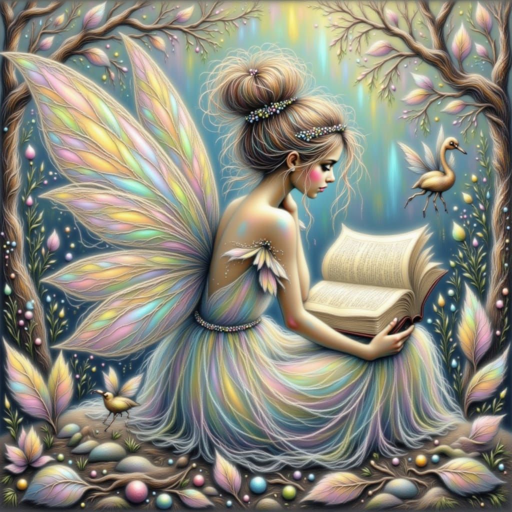 <lora:Fairy Adventures:1.0>A fairy reading pages from a book that rewrite themselves as she dreams, the margins filled with living drawings,...