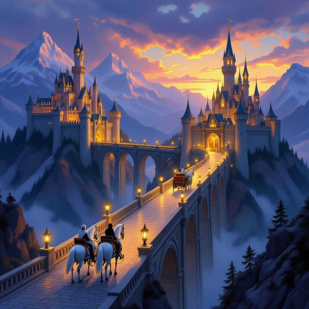 Epic Fantasy Bridge Connects Majestic Castles at Twilight