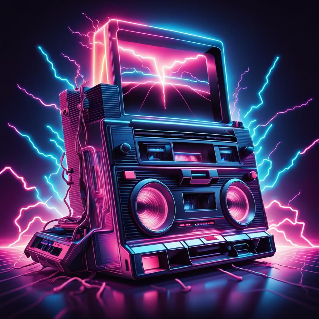 Synthwave epic poster of Cassette player with electrifying bolt. digital frontier.   by @Erland of Larvik