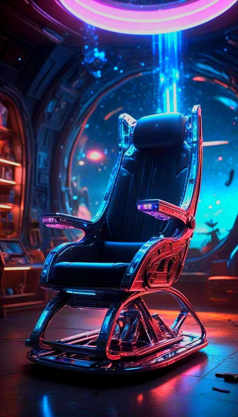 a neon crystal rocking chair transformed into a sleek, chrome spaceship with glowing crystal lights, soars through a vibrant, otherworldly n...