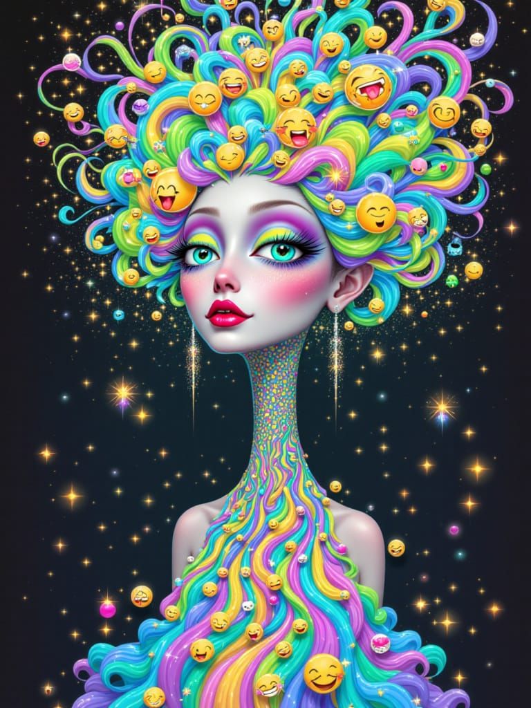 A surreal portrait of a woman with distorted, asymmetrical facial features, big dazed green eyes that sparkle with tiny stars, and an elonga...