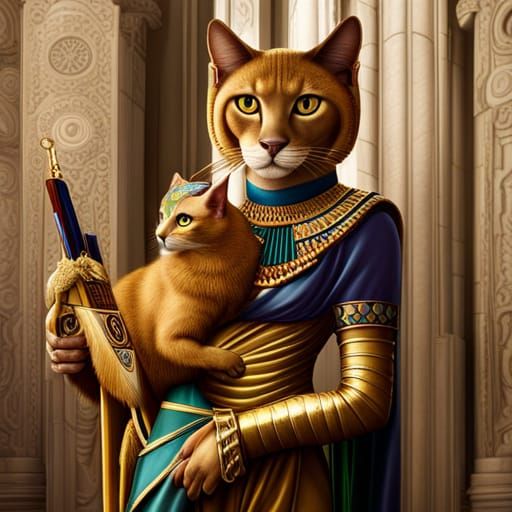 Abyssinian Cat As Egyptian Goddess Sekhmet Holding Kitten. - Ai 