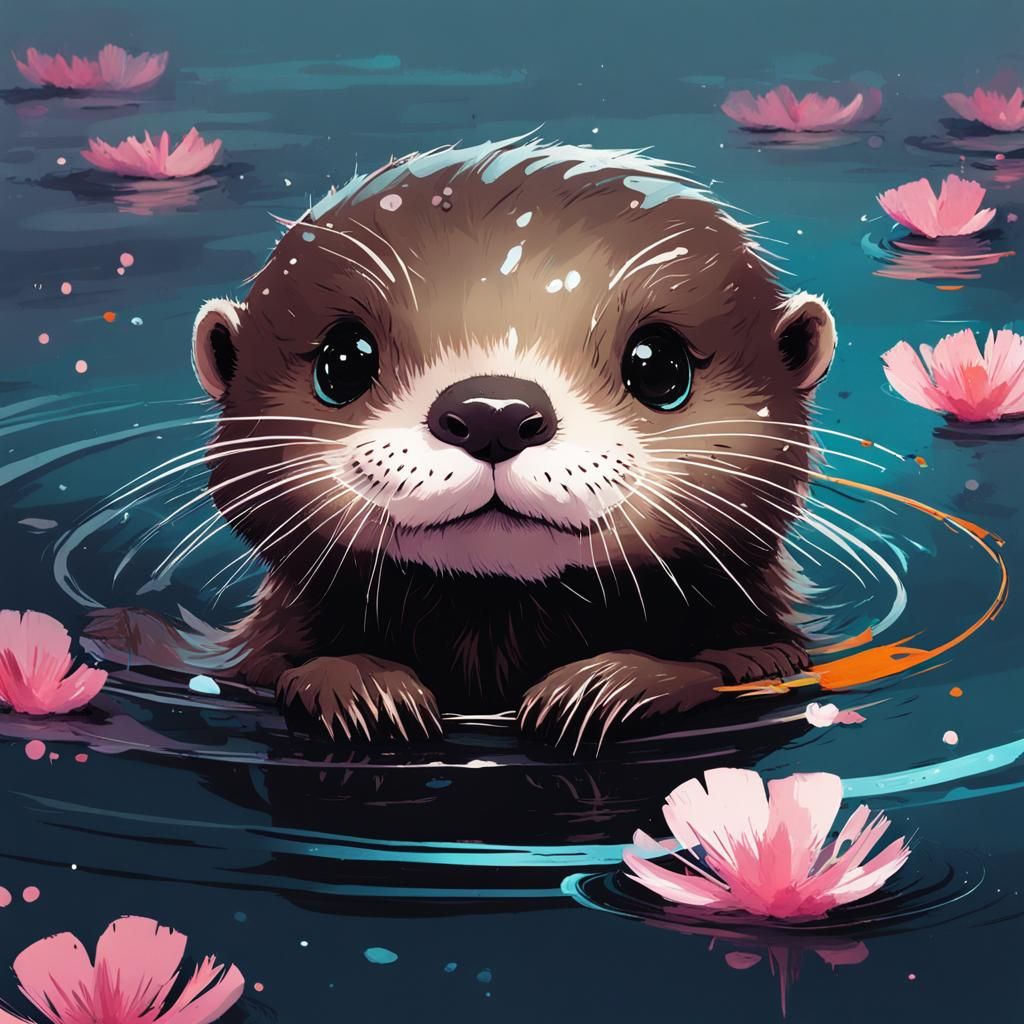 Chibi Otter with Wings in Watercolor Splash Art
