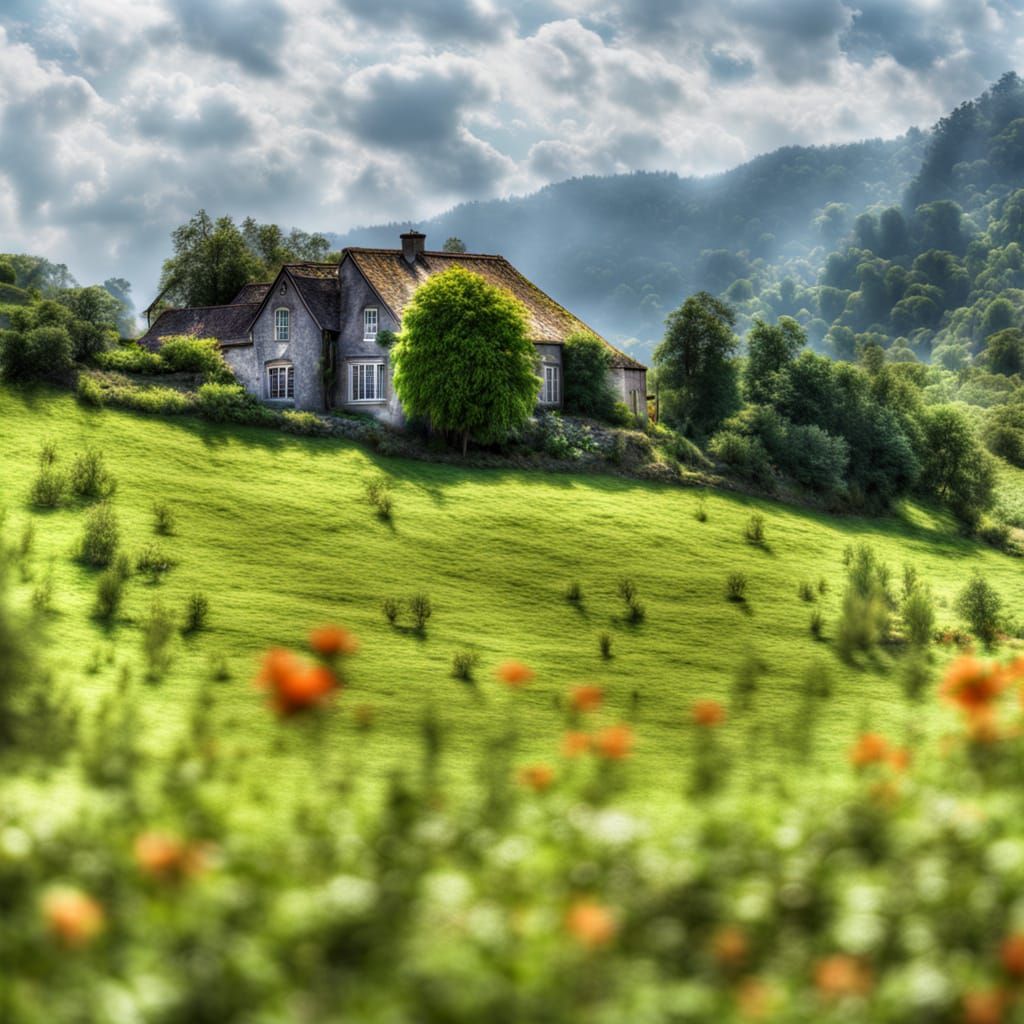 A house in the hills with gently rolling terrain and lush greenery, intricate details, HDR, beautifully shot, hyperrealistic, sharp focus, 6...