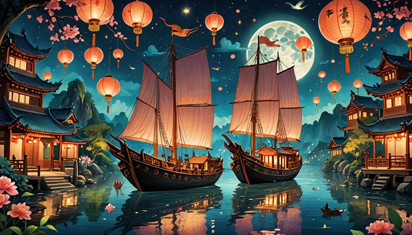 A stylized hand-painted Chinese junk boat adorned with lush ...