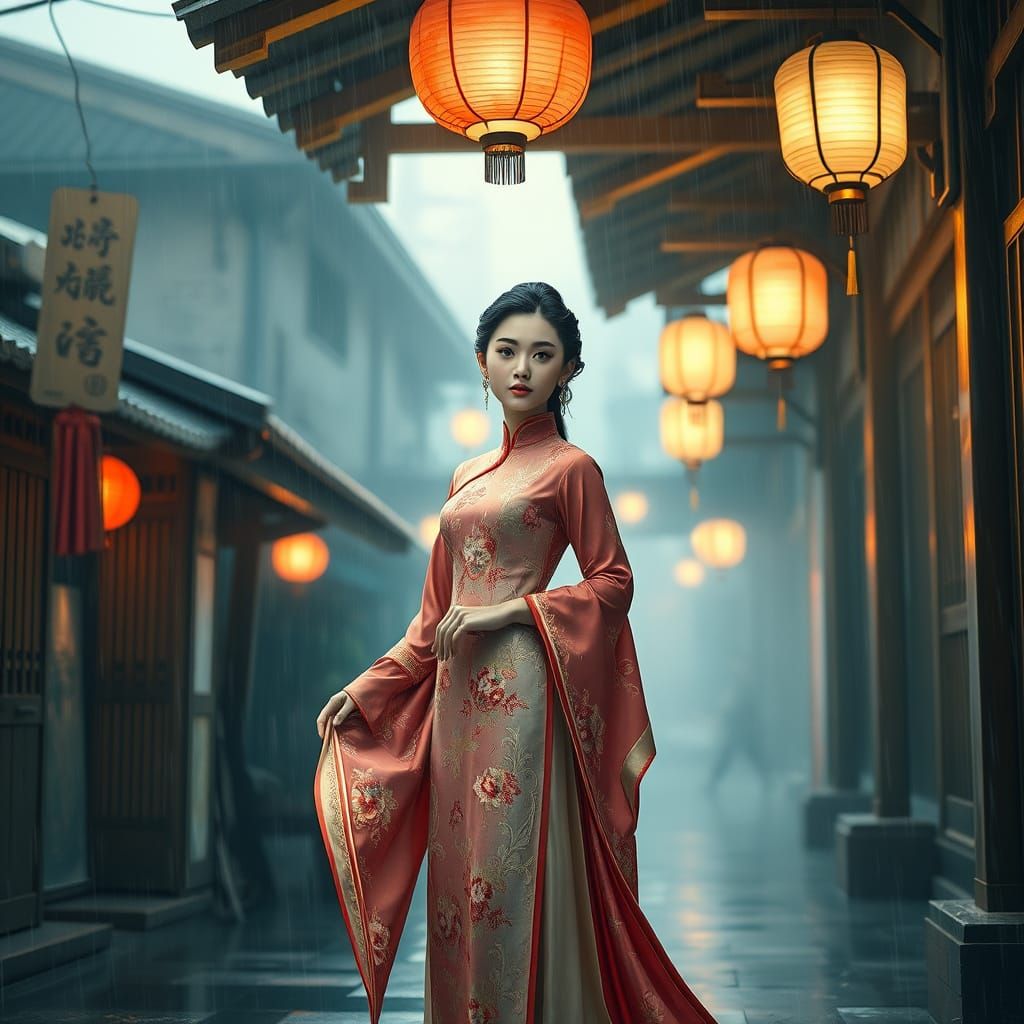 Elegant Asian Woman Under Rainy Tokyo Awning