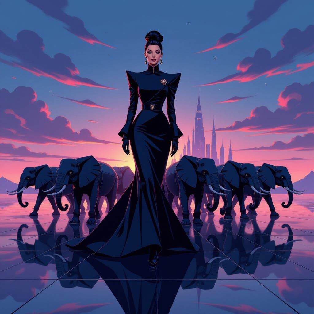 Modern Woman Leads Clockwork Elephants in Steampunk Cityscap...