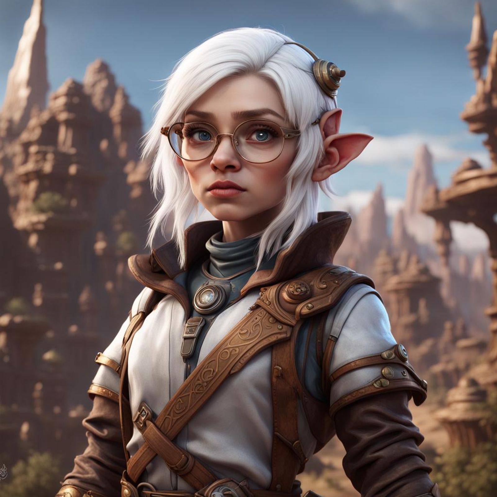 A cute female halfling artificer, futuristic western style, white hair ...