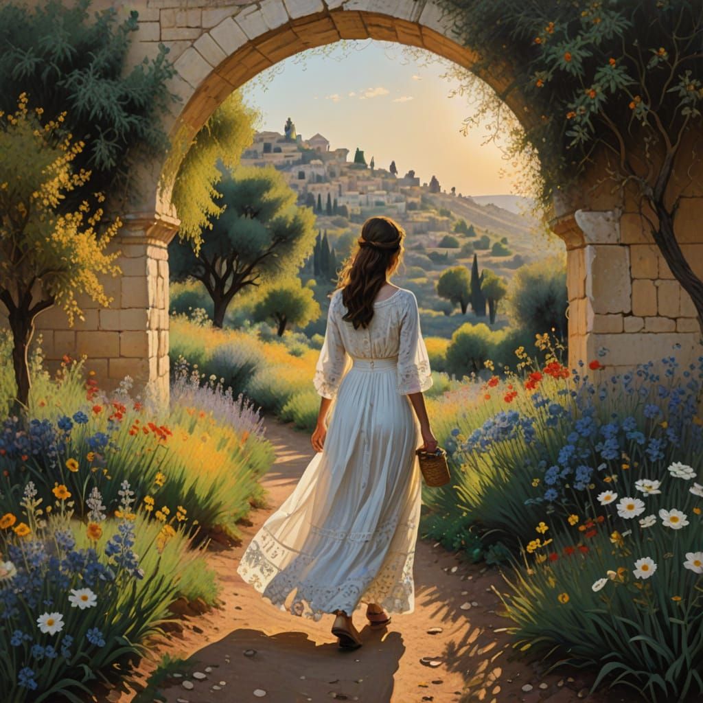 Israeli Landscape with Woman Walking Towards Ancient Archway...