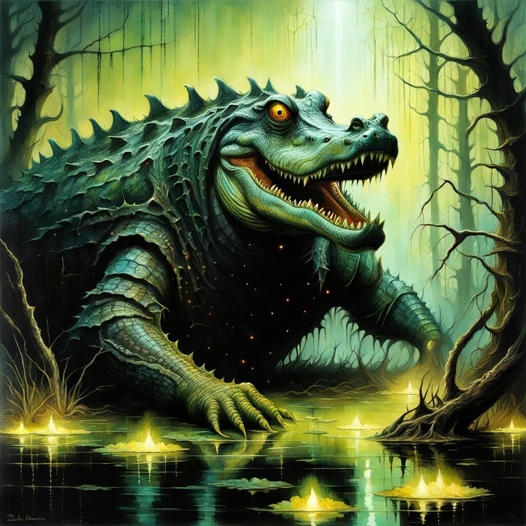 ALLIGATOR monster, MIASMAL swamp, scary fairy lights, DETAILED, splash ...