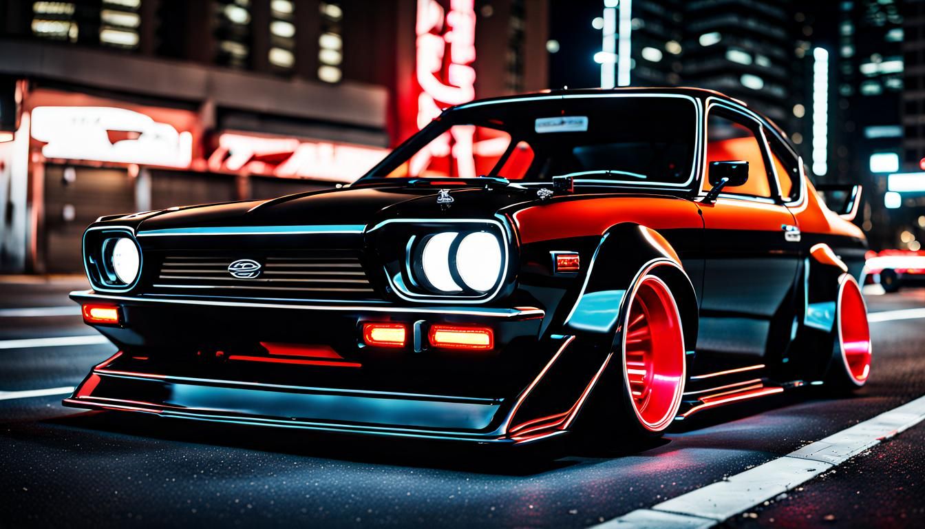 Custom widebody black Datsun 270 with red neon underneath dr...