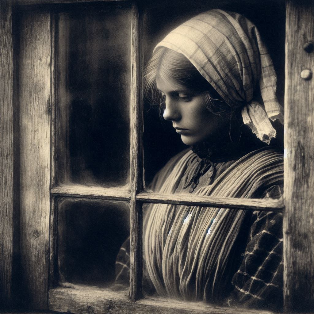 woman in window. grainy Bromoil print in the style of Jacque...
