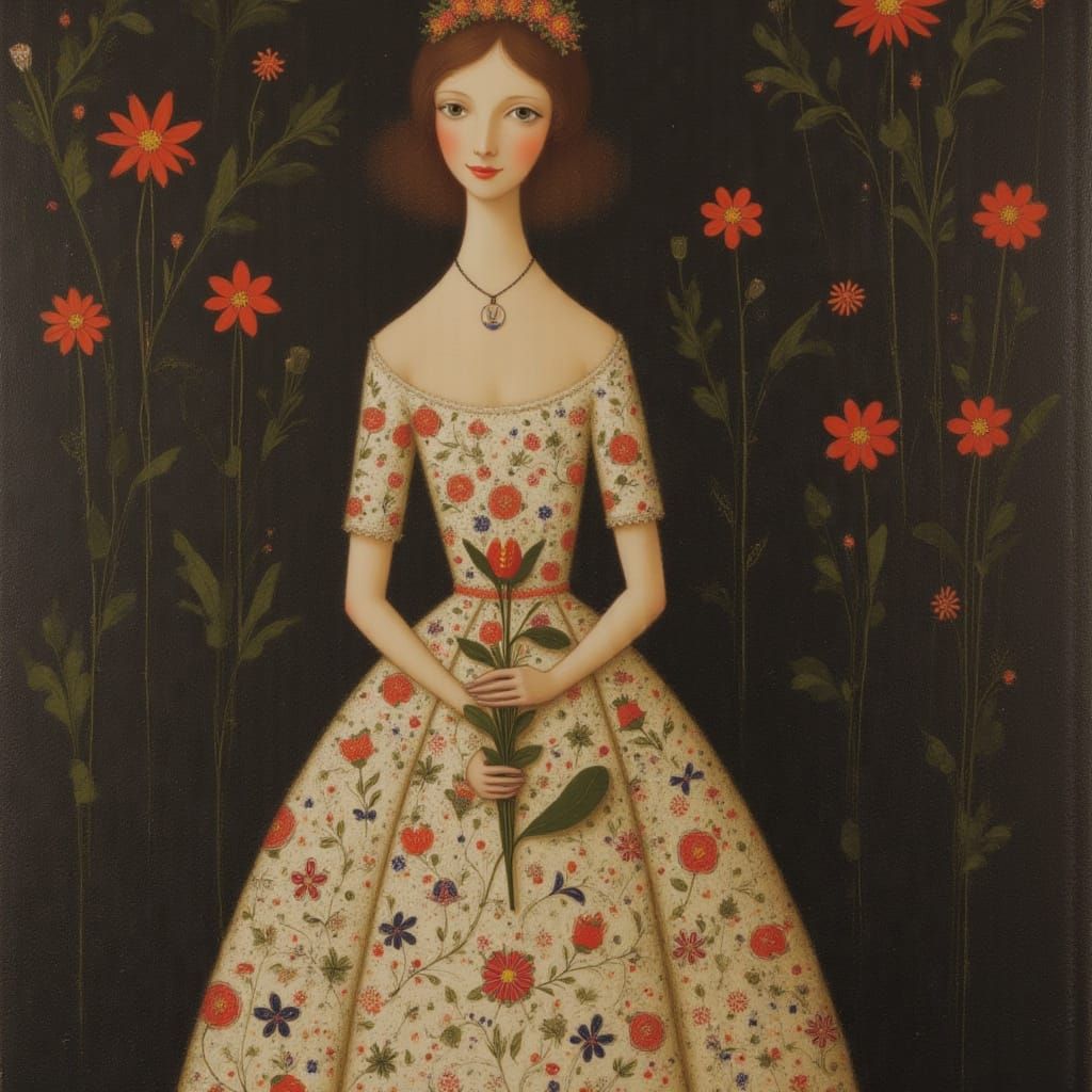 Victorian-era lady dressed in formal chintz gown <lora:Earth and simplicity:1.0>