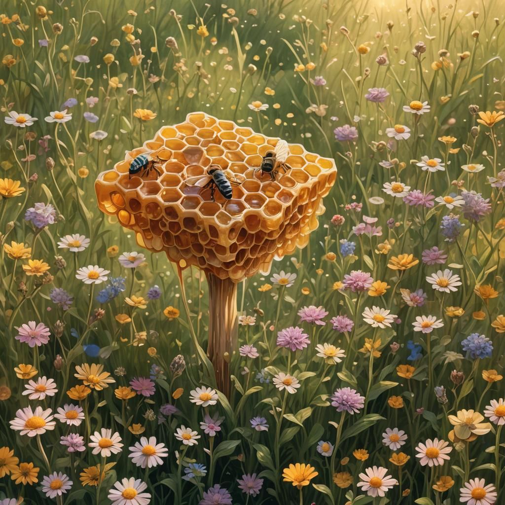 Golden Honeycomb in Dreamlike Meadow Illustration