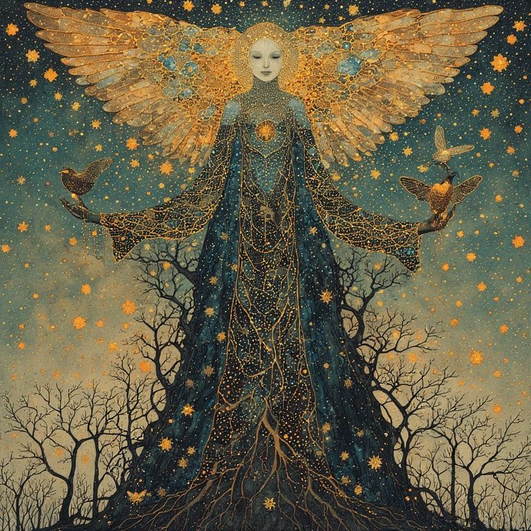 She rises from a dark forest floor, blossoming like a tree w...