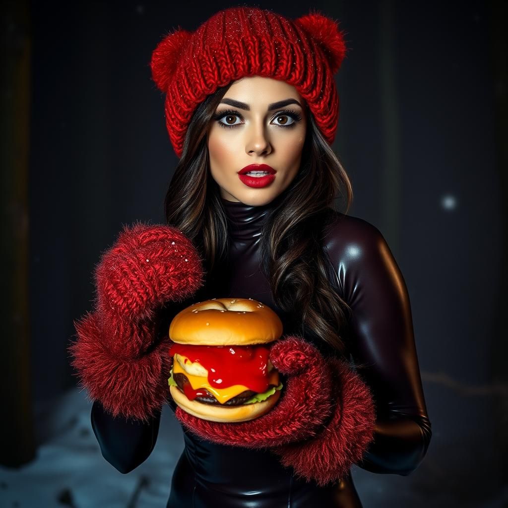 beautiful woman, brunette,  wearing a latex catsuit, fur boots, wollen mittens, wollen hat, forest, night, foggy, eating a hamburger, ketchu...