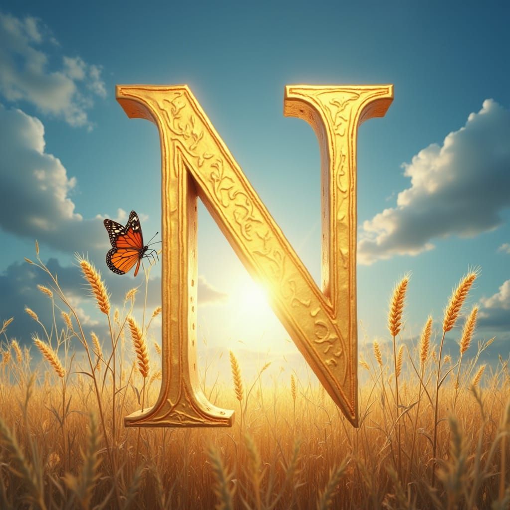 Golden Letter N in Wheat Field