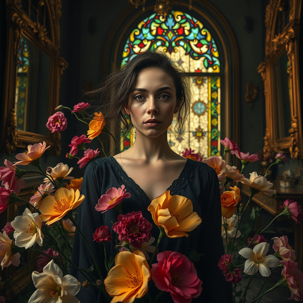 Woman in Floral Whirlwind: Hyperrealistic Emotional Portrait