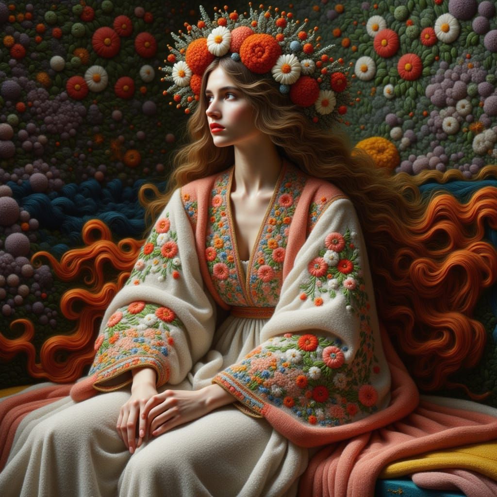 <lora:Kak-embroidery:1.0>Impressive embroidery woman