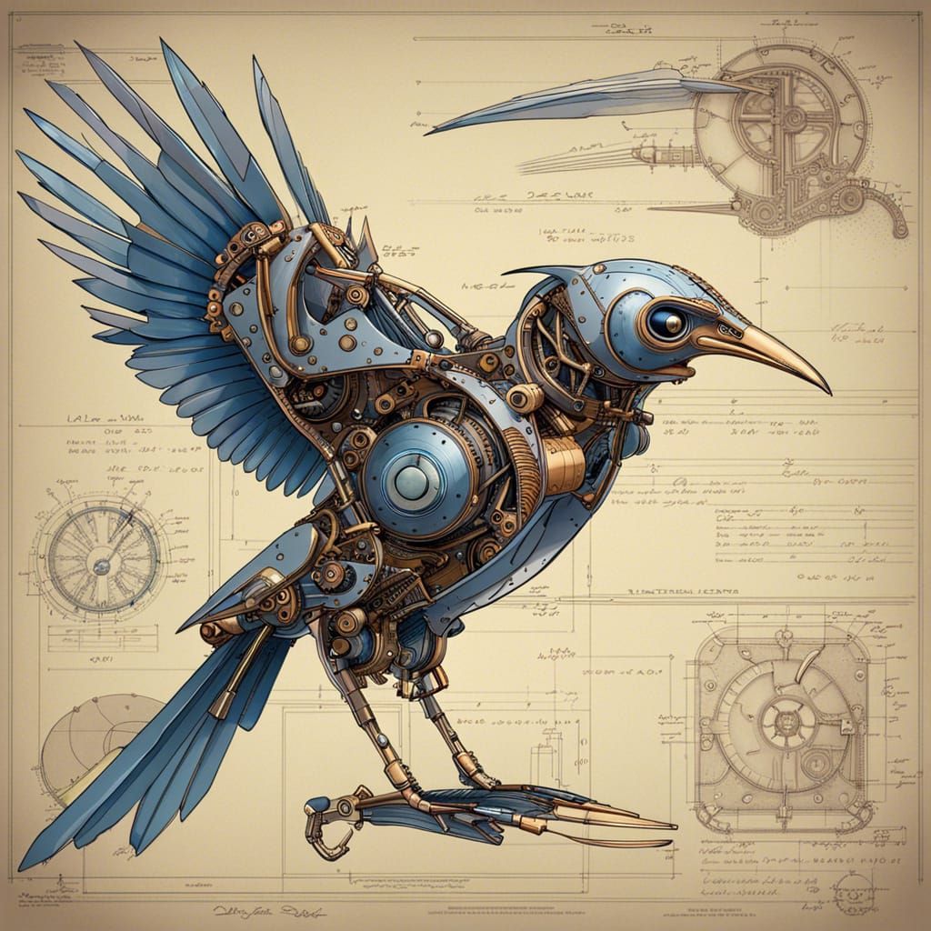 Mechanical bird blueprint  by @PetitCailloux