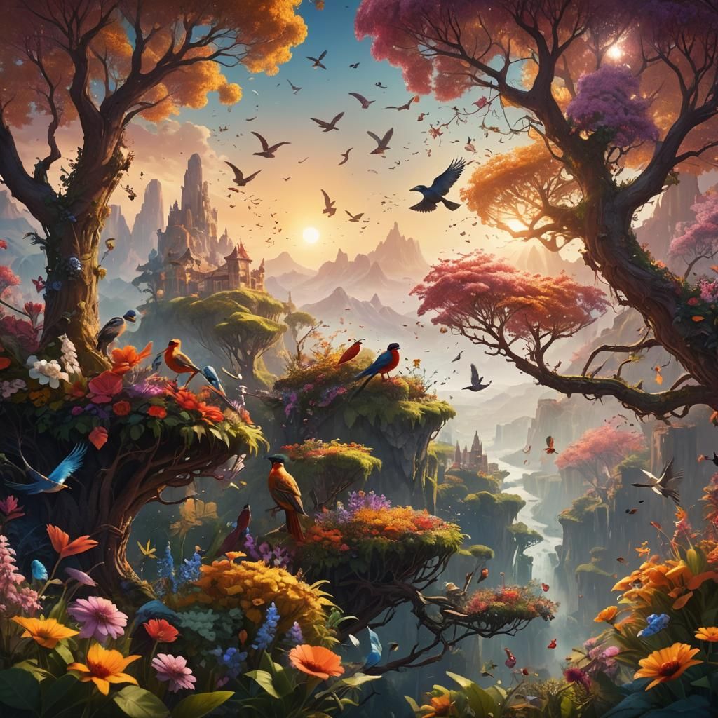 Vibrant Panoramic Landscape with Flowers and Birds