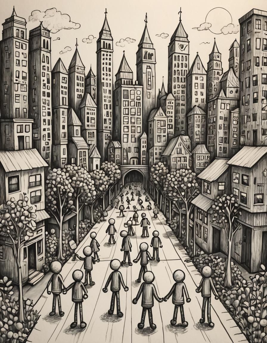 Doodle of stick people in doodle city,  by @Prisoner-of-thoughts