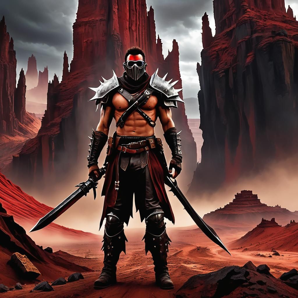 A rugged, Mad Max-inspired character