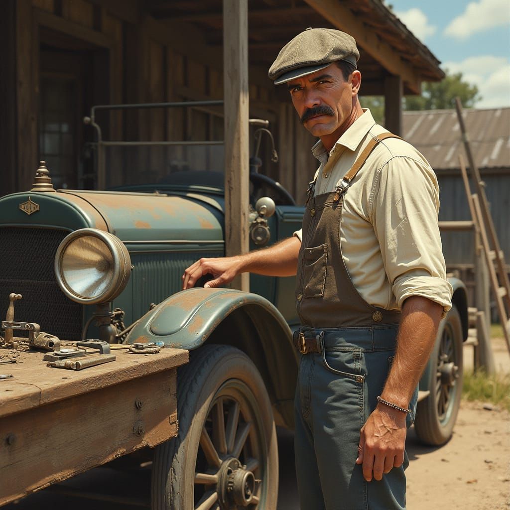 A man from the 1900’s with a handlebar mustache, dressed as a mechanic, working on a mode t ford car, daylight, outside a workshop