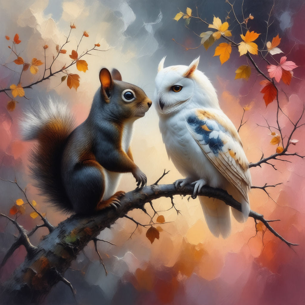 Squirrel and an Owl on a branch in Autumn