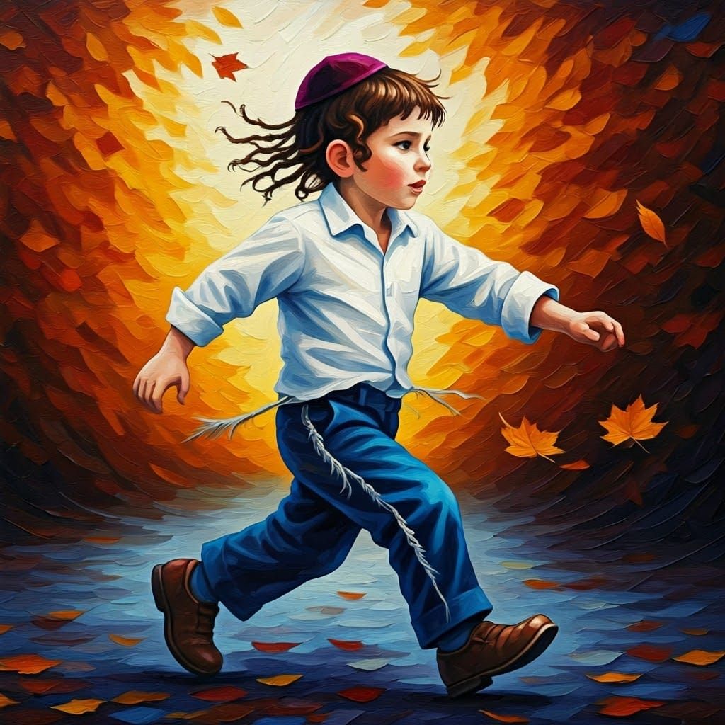 Young Boy in Whirlwind of Autumn Foliage, Neo-Expressionist...