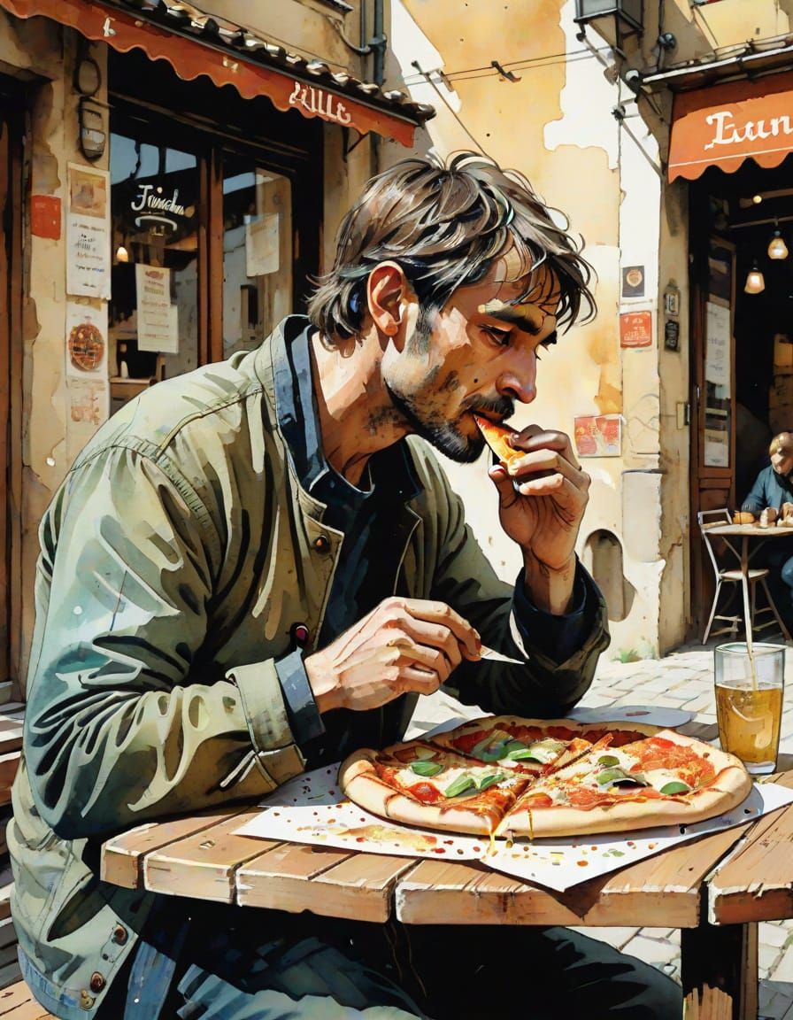 A man eating pizza.   by @Sunil