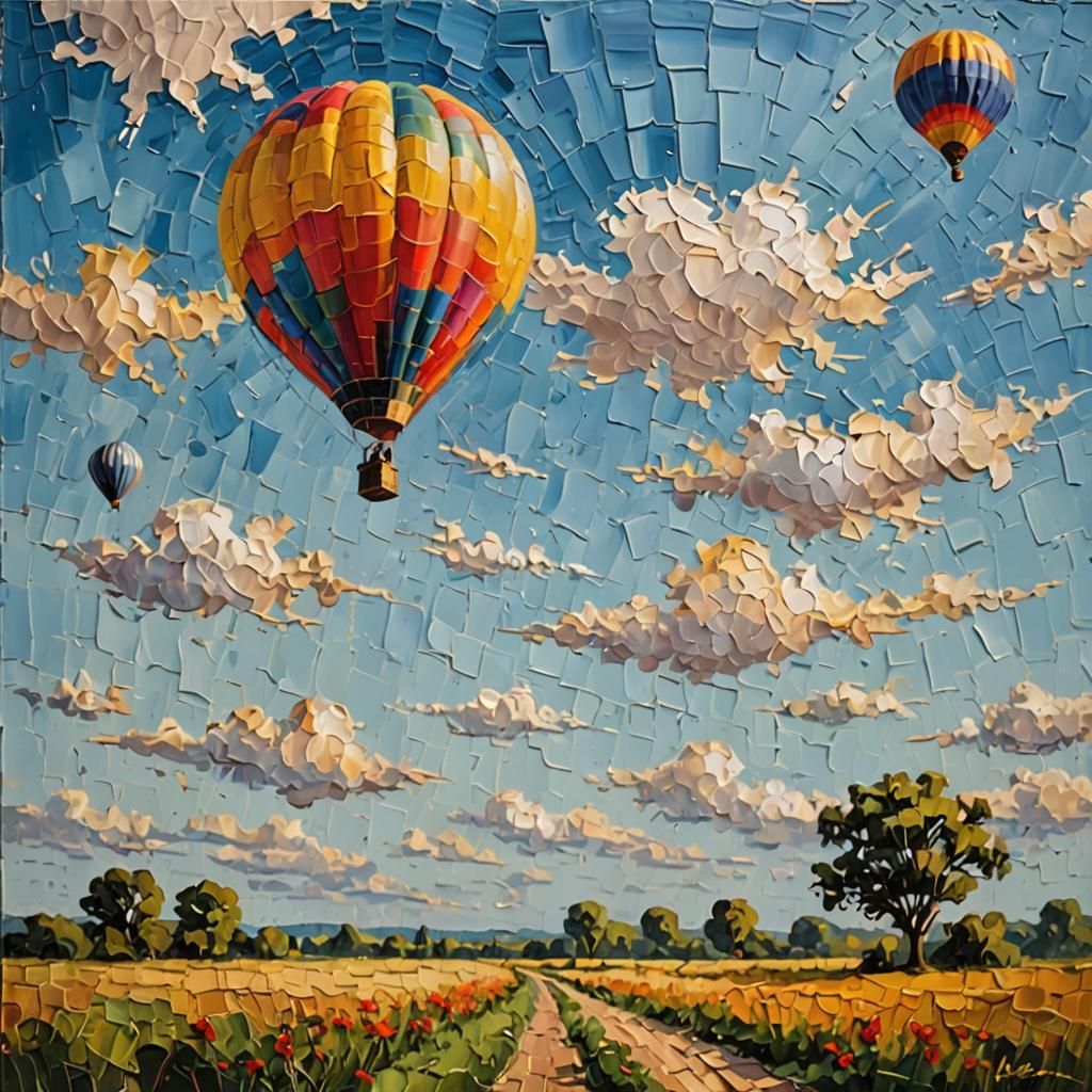 a hot air balloon in the sky.. using the Impasto is a technique used in painting, where paint is laid ...  by @PUZZLED