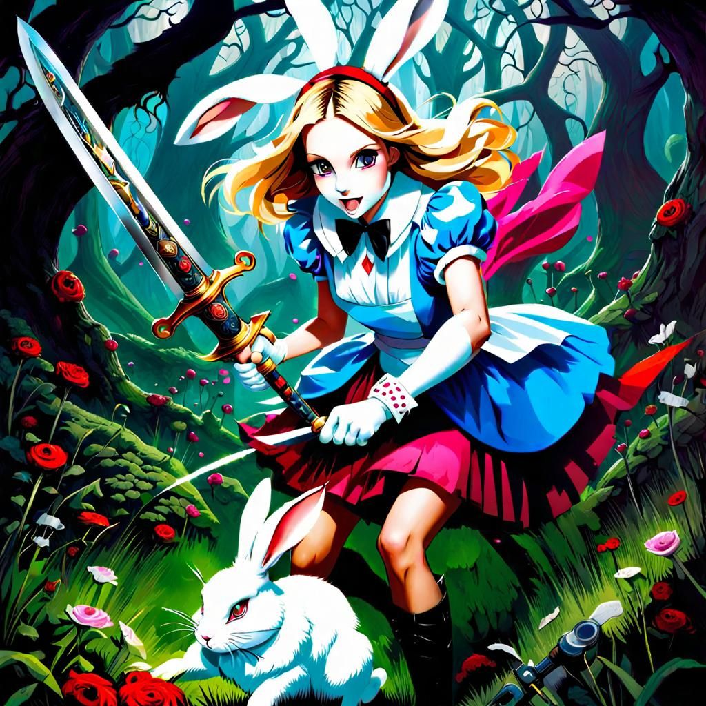 Alice destroying wonderland, fighting with the white rabbit with swords ...