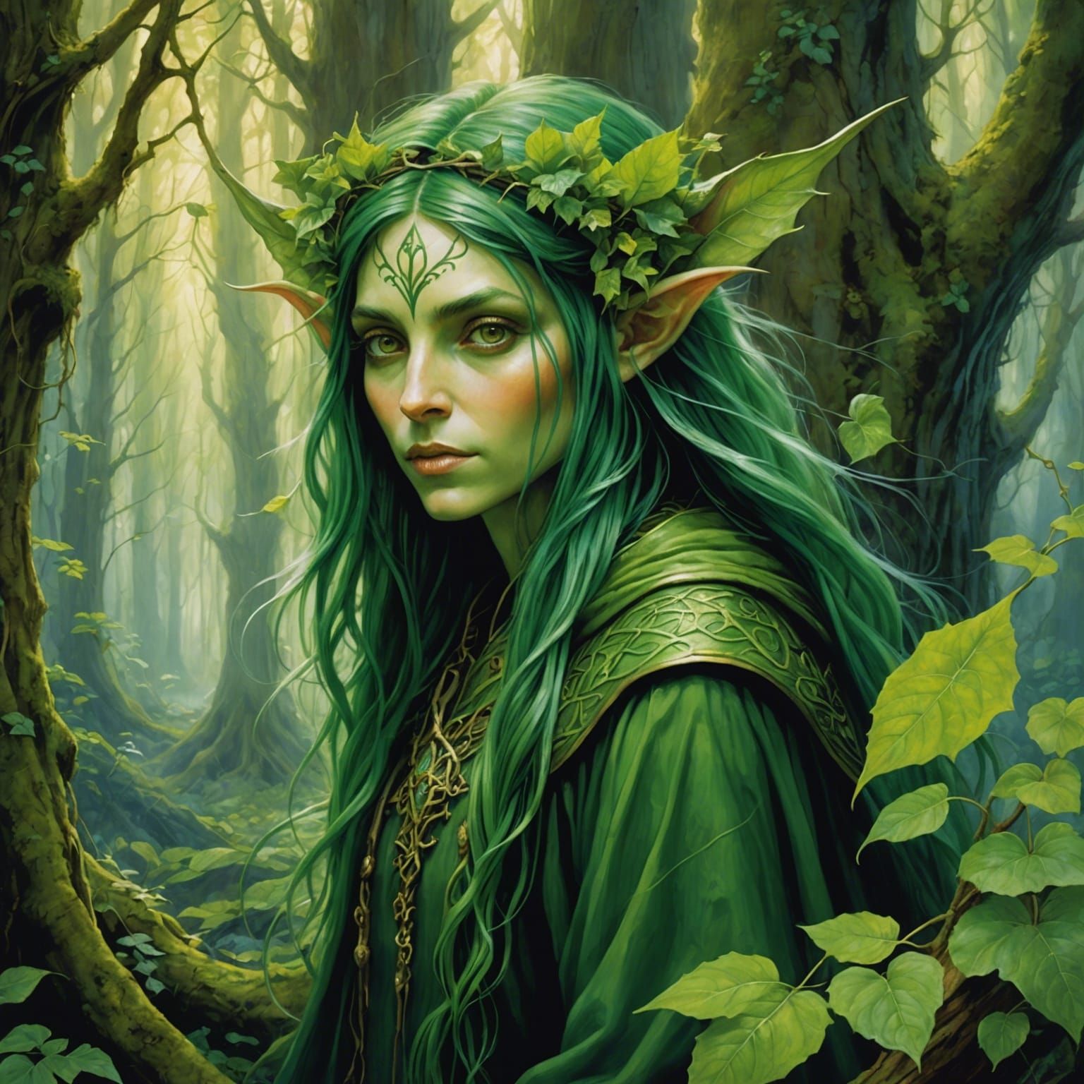 art by Brian Froud, John Howe, green hair green clothing elf portrait ...