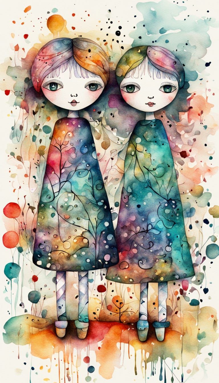 Whimsical illustration. Close up. 2 Whimsical dolls with big heads, triangular bodies, stick arms and ...  by @D0npen