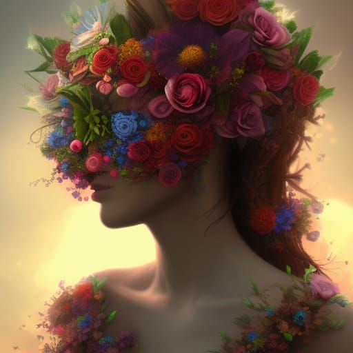 Beautiful flower woman head and shoulders portrait, detailed matte