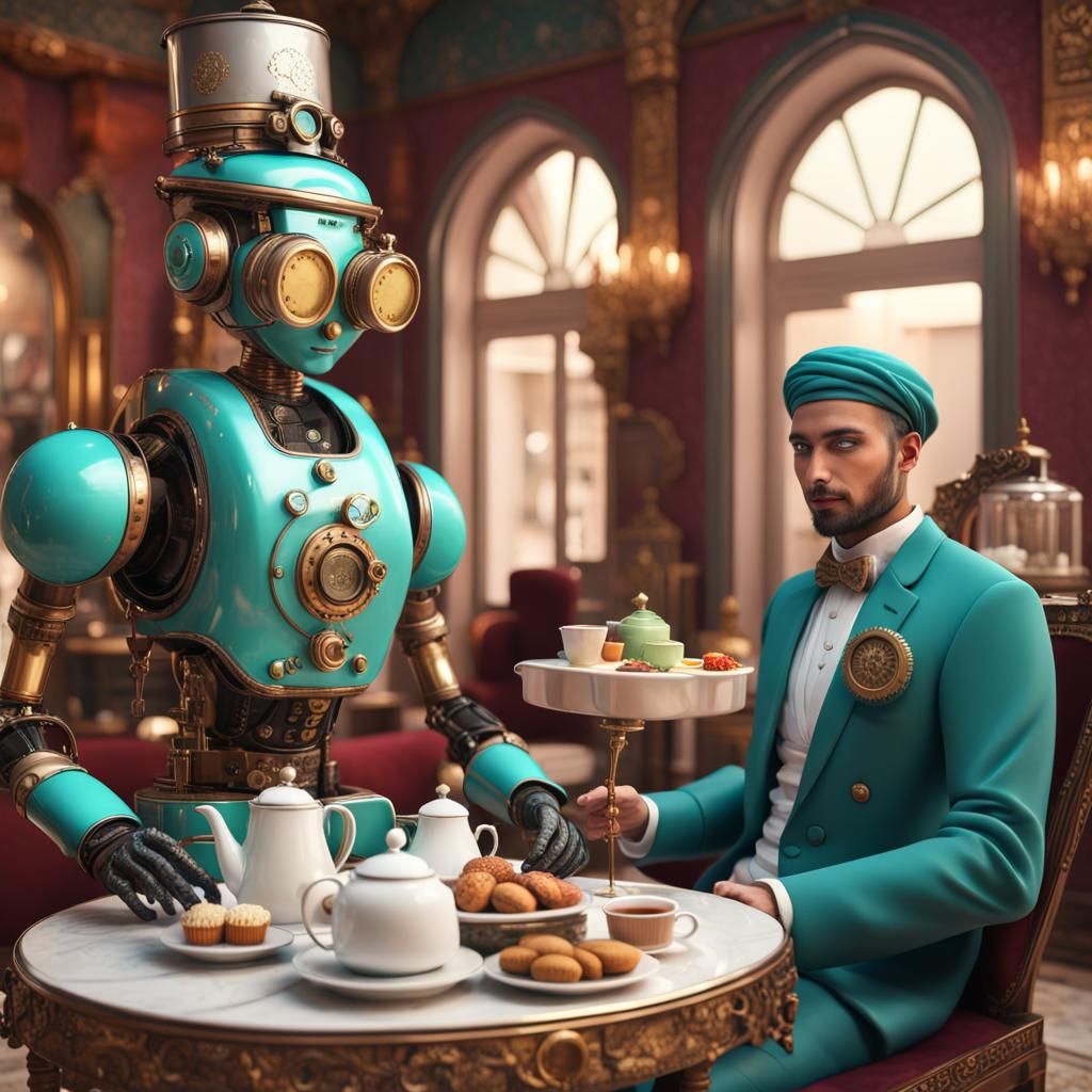 Steampunk robot buttler serving mint tea and Turkish pastrie...