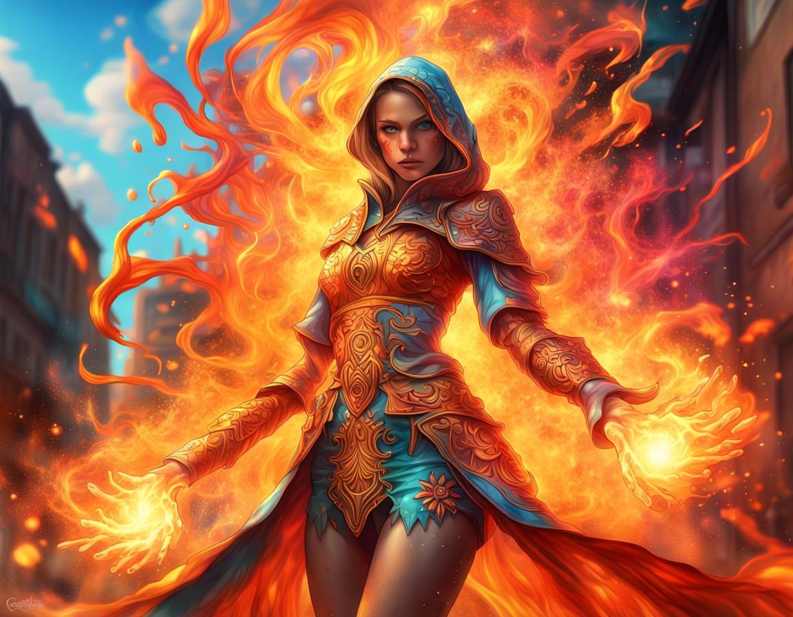 A Beautiful Girl Fire Mage In Detailed Intricate Firey Cloth Armor 