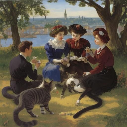 Cats drinking vine and playing interesting games with young beautiful vampiresse 
Cats and their hobbies by Zinaida Serebriakova, Egon Schie...
