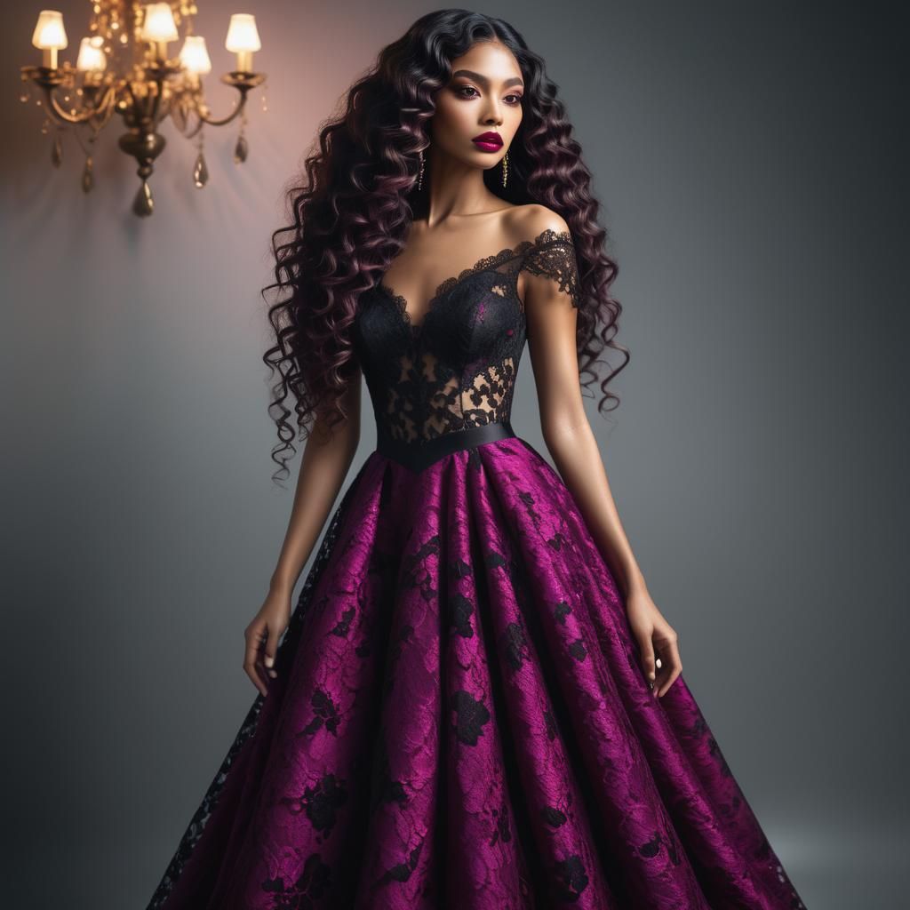 Beautiful girl with caramel skin, dark eyes, dark Red lips, very long dark ringlets hair, in magenta and black lace gown color corrected vol...