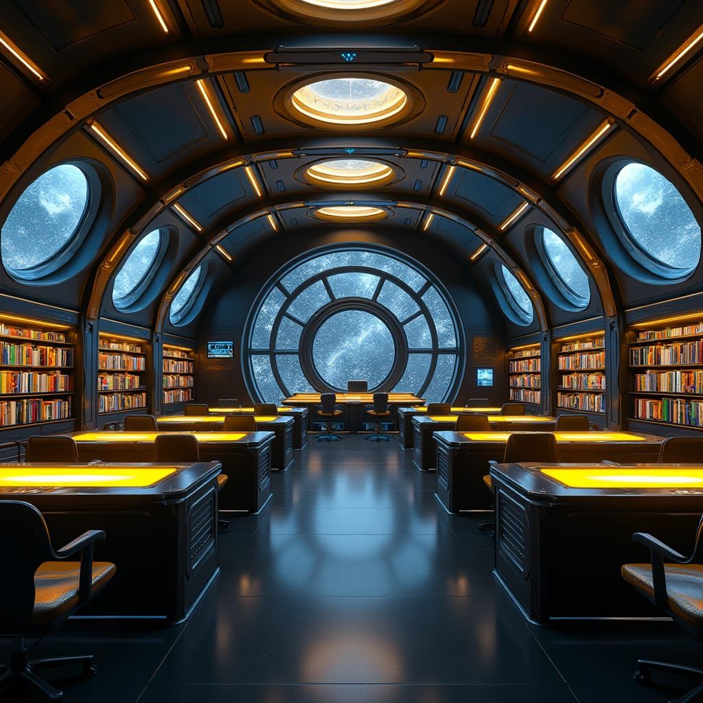 Huge metallic black futuristic spaceship Classroom with gold lining with yellow lights.
10 Rows of futuristic black desks with yellow hologr...