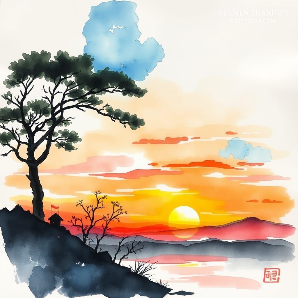 Japanese Sunset in Watercolor Style