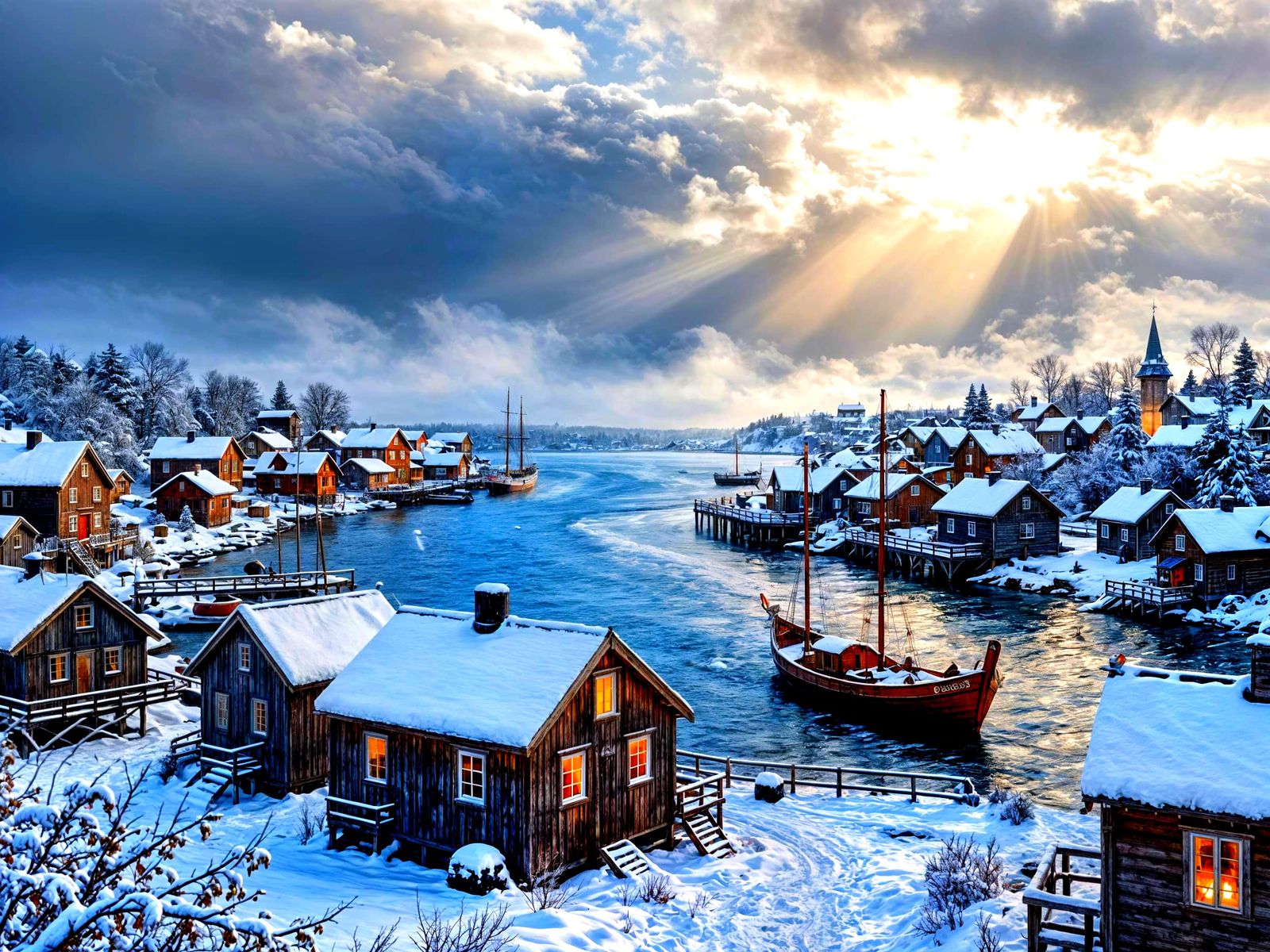 Viking Harbor in Snowy Winter Landscape